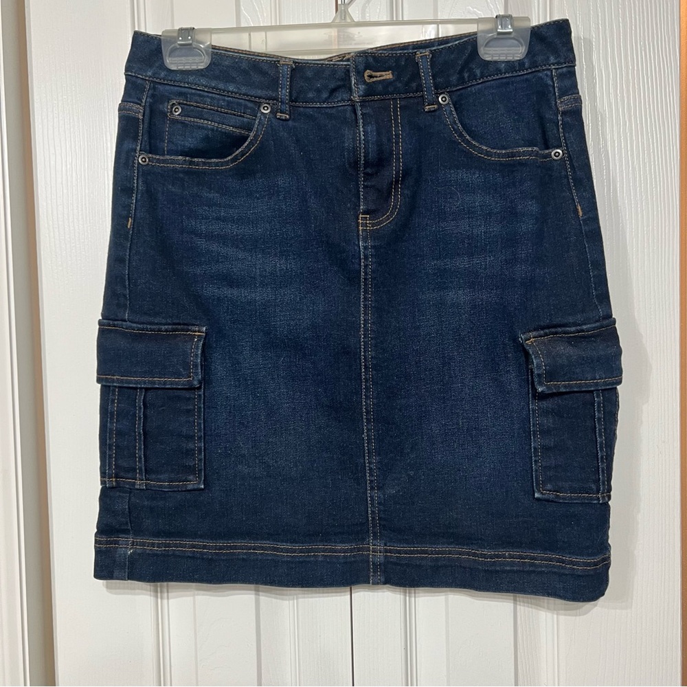 J.Jill Dark Wash Stretch Denim Cargo Pocket Mini Skirt Size 4 zip front Y2K